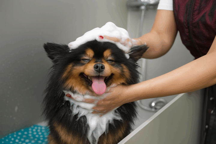 Pomeraniaan in bad met bubbels