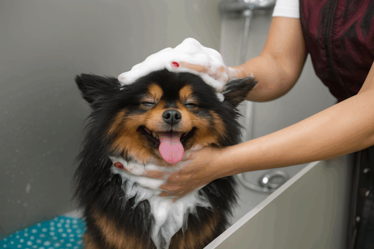 Pomeraniaan in bad met bubbels