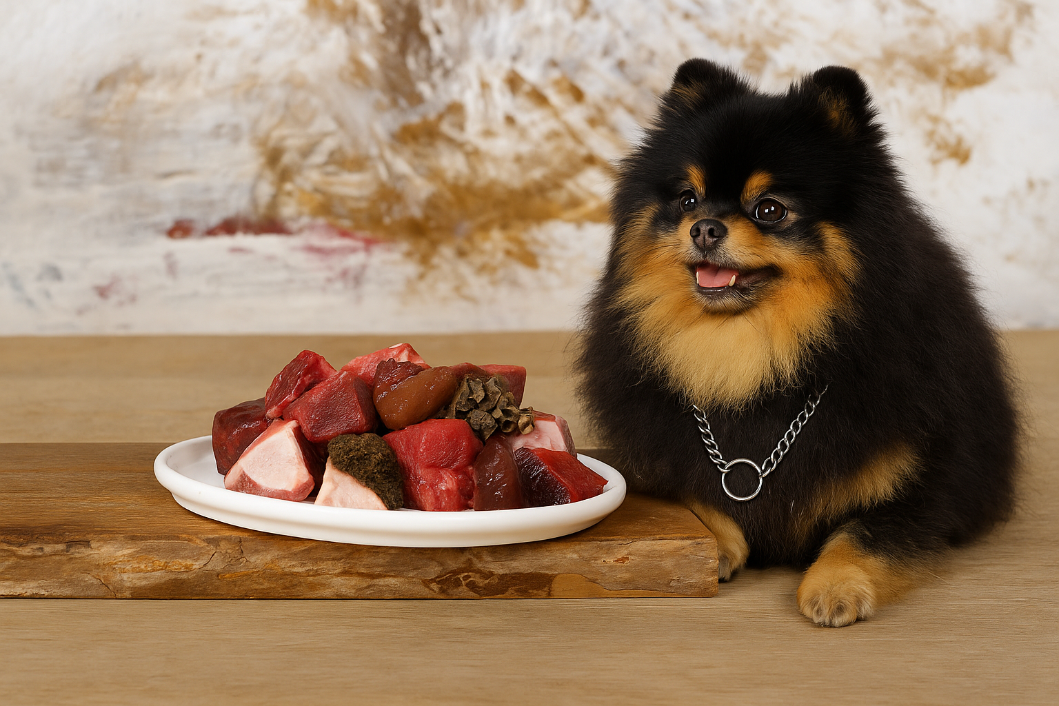 Pomeranian met rauw vlees